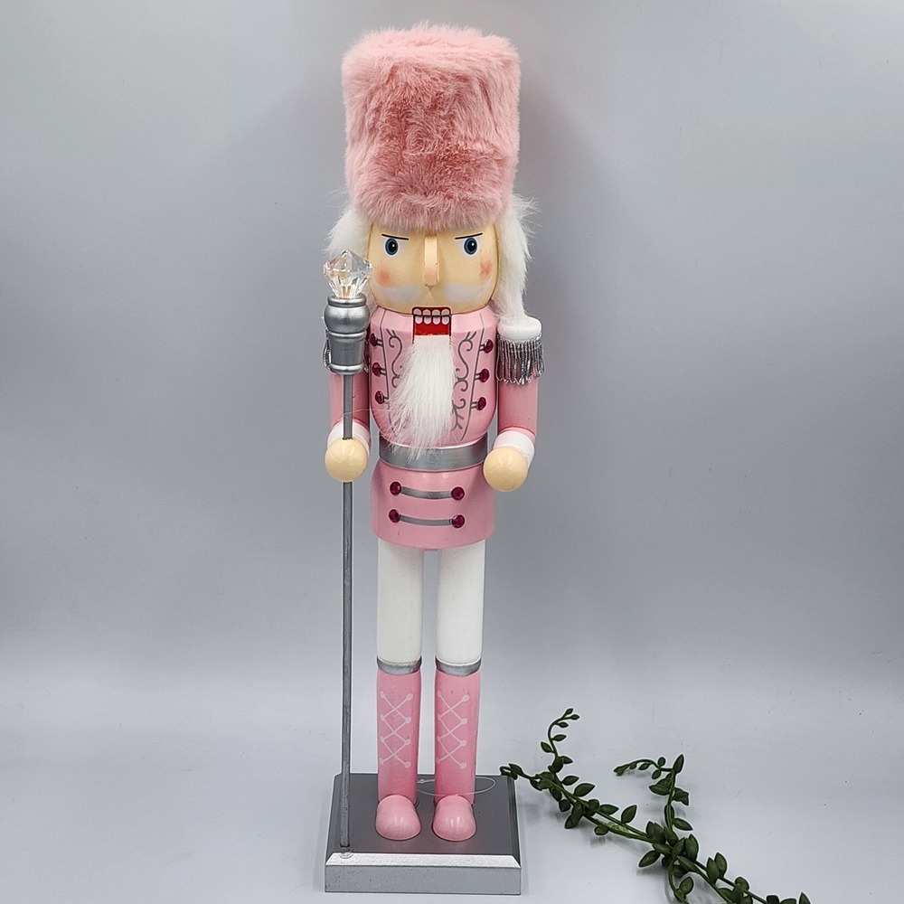 Pink Soldier Guard Nutcracker Christmas Wood Faux Fur Hat Rhinestone Staff 15"